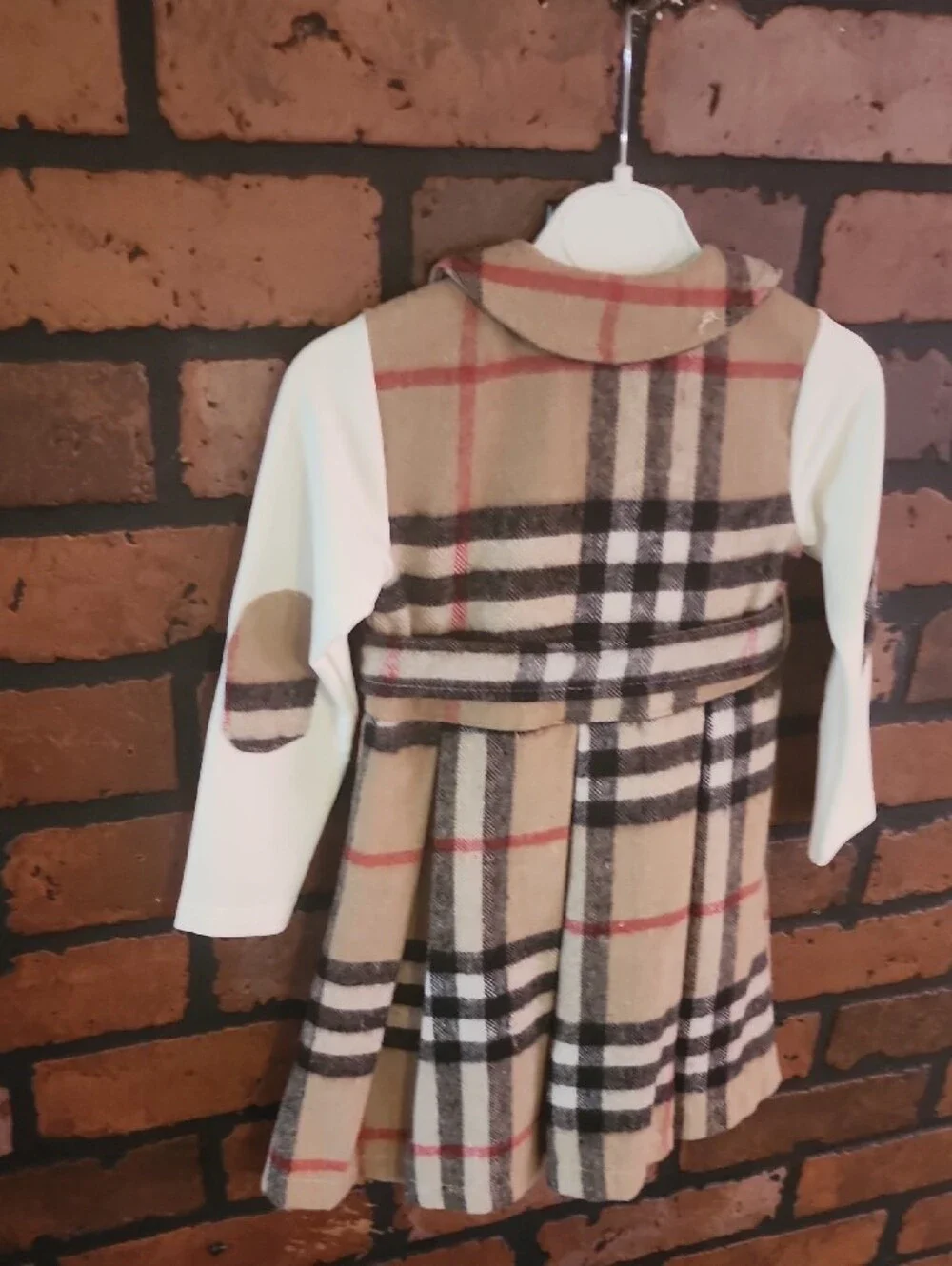 Girls Beige Plaid Dress with White Long Sleeves